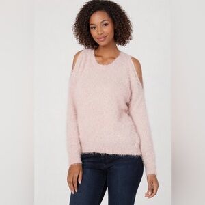 Women’s Fuzzy Pink Sweater with Cold Shoulder